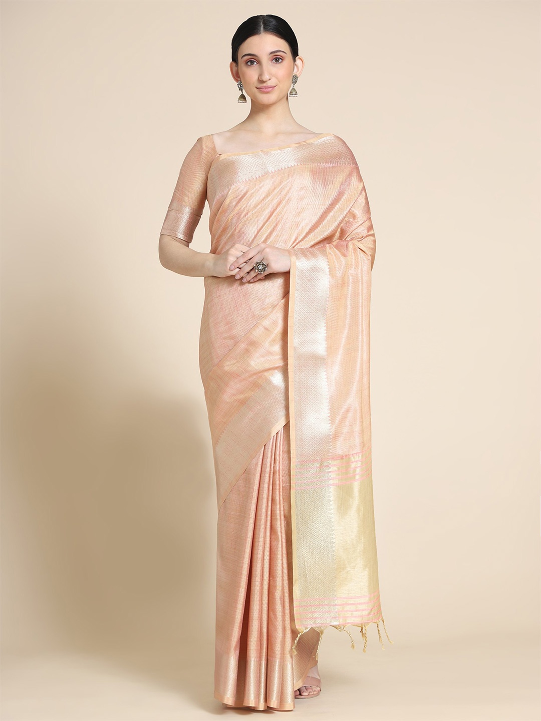 

VISHNU WEAVES Solid Zari Pure Linen Saree, Pink