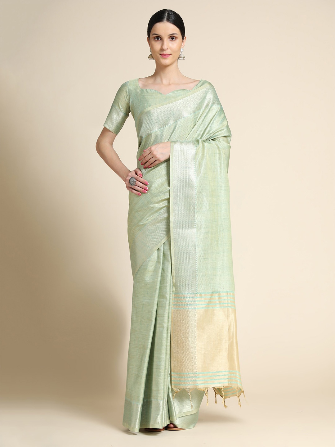 

VISHNU WEAVES Solid Zari Pure Linen Saree, Sea green