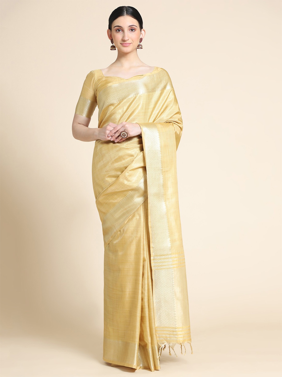 

VISHNU WEAVES Solid Zari Pure Linen Saree, Yellow
