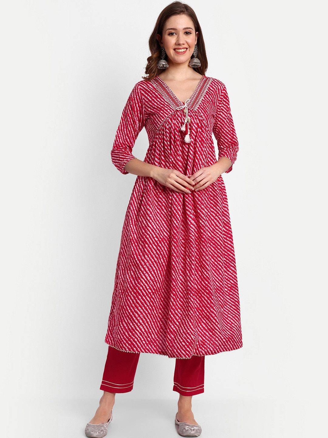 

NH KAPDEWALA Leheriya Printed Mirror Work Detailed Pure Cotton Kurta With Trousers, Pink