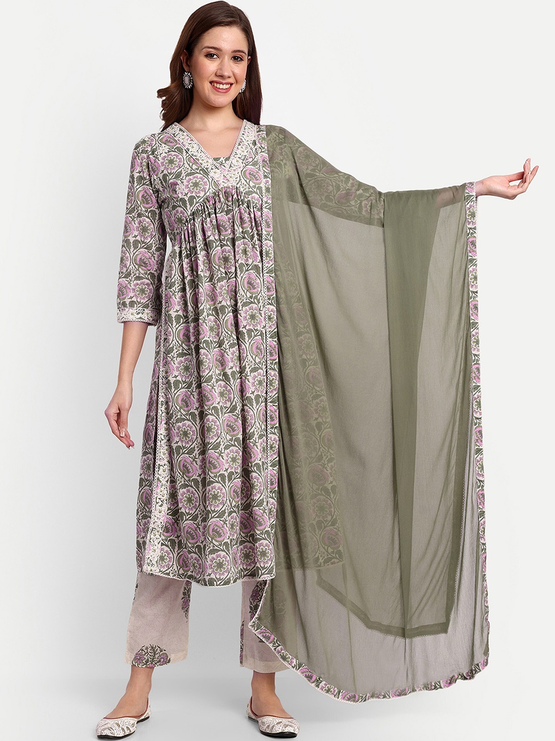 

NH KAPDEWALA Floral Printed Empire Thread Work Pure Cotton Kurti with Trousers & Dupatta, Peach