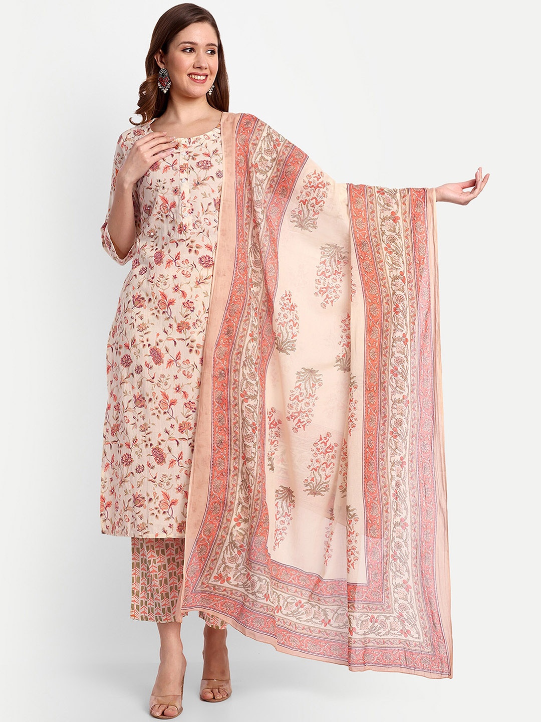 

NH KAPDEWALA Ethnic Motifs Printed Regular Pure Cotton Kurti with Trousers & Dupatta, Cream