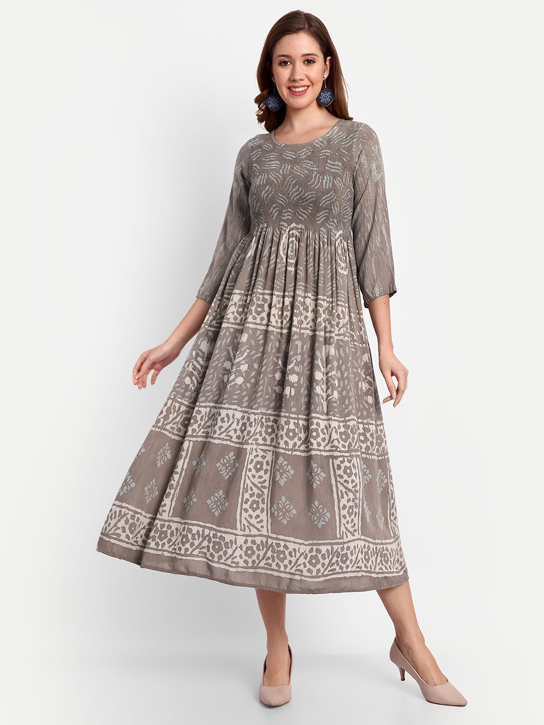 

NH KAPDEWALA Ethnic Motifs Print Smocked Surface Detailed Cotton Midi Dress, Grey