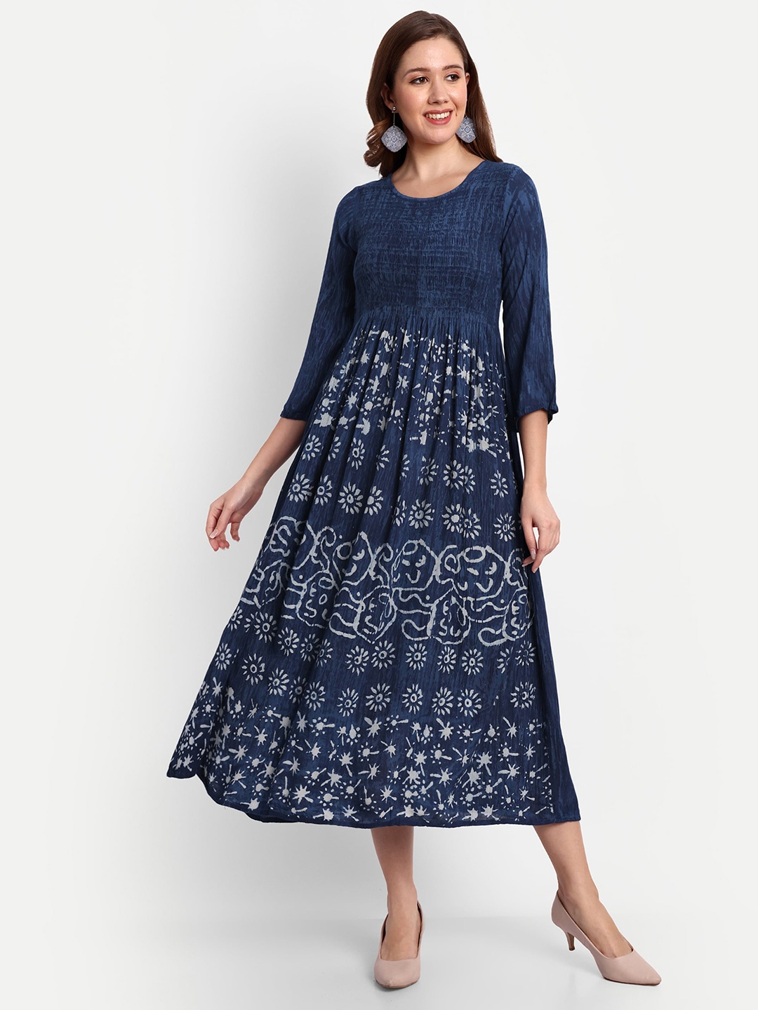 

NH KAPDEWALA Ethnic Motifs Print Smocked Detailing Fit & Flare Midi Ethnic Dress, Blue