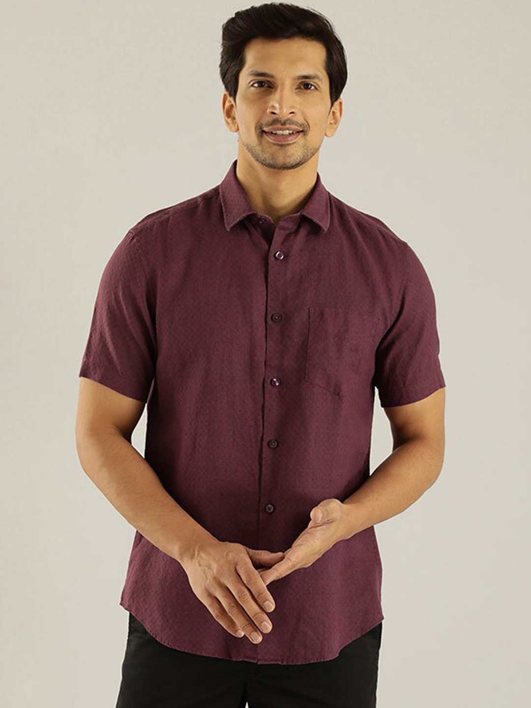 

Indian Terrain Slim Fit MIcro Ditsy Printed Linen Casual Shirt, Red