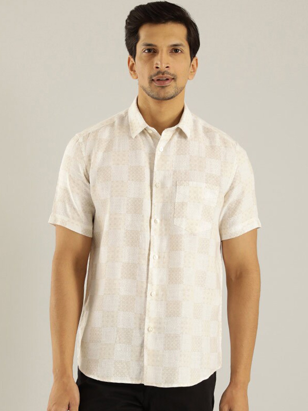 

Indian Terrain Slim Fit Ethnic Motif Printed Linen Casual Shirt, Cream