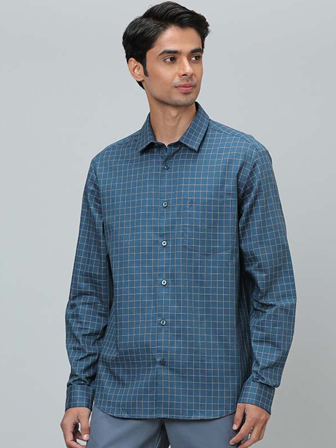 

Indian Terrain Slim Fit Micro Checks Pure Cotton Casual Shirt, Blue