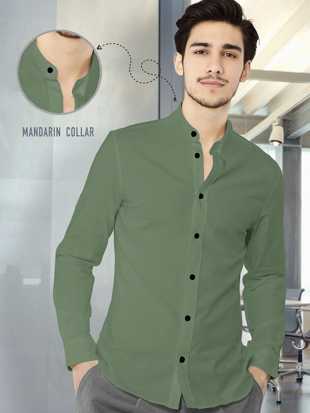 

TRIPR Mandarin Collar Casual Shirt, Green