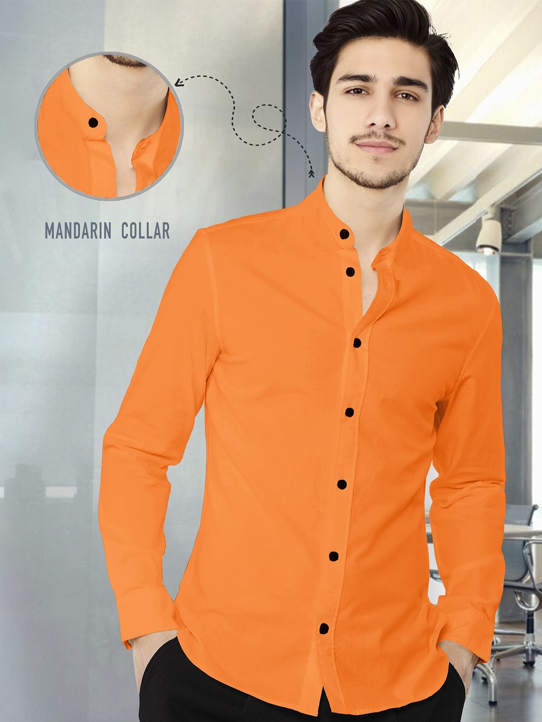 

TRIPR Cotton Mandarin Collar Opaque Casual Shirt, Orange