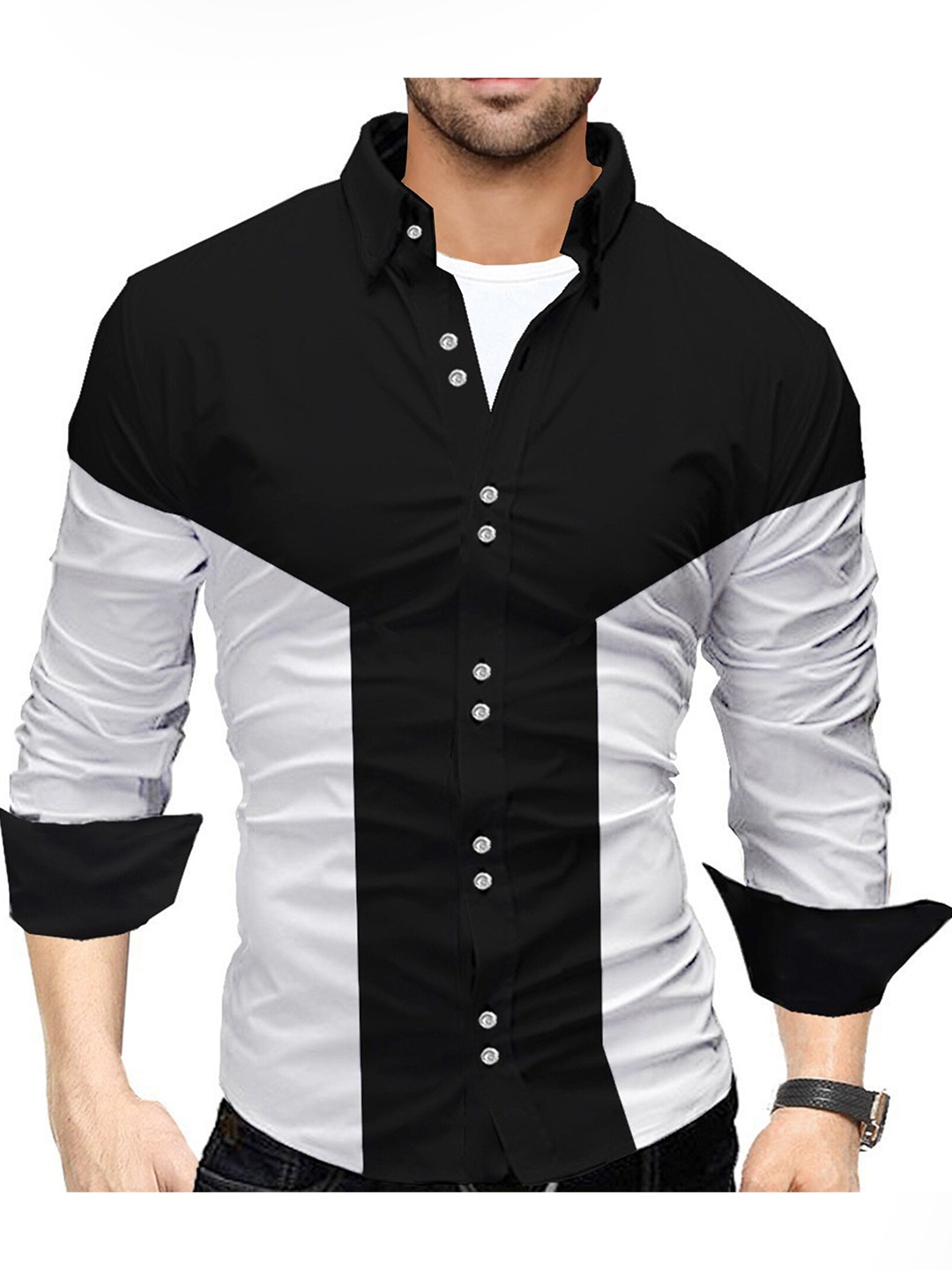 

TRIPR Spread Collar Colourblocked Casual Shirt, Black