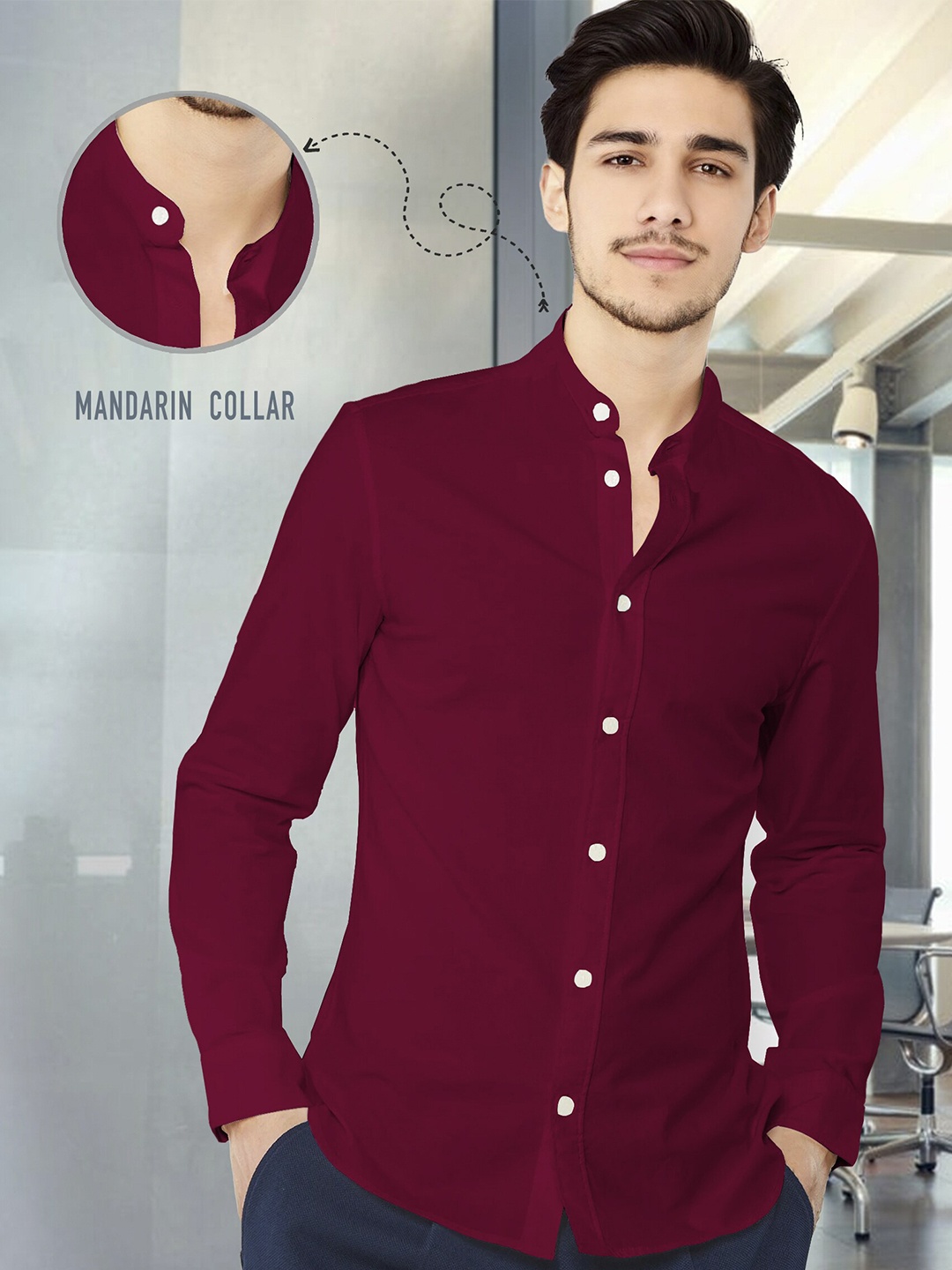 

TRIPR Mandarin Collar Opaque Casual Shirt, Maroon