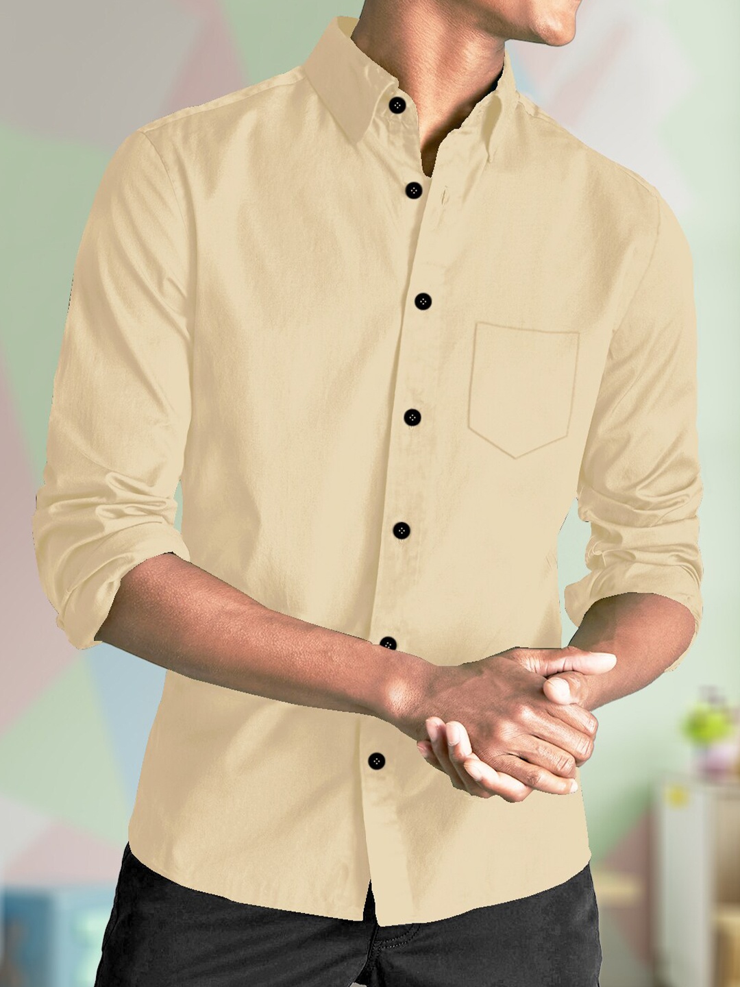

TRIPR Spread Collar Casual Cotton Shirt, Beige