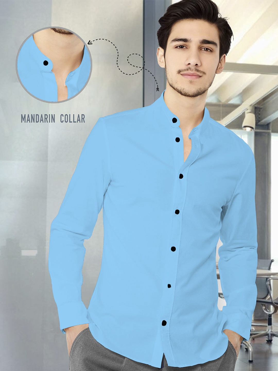 

TRIPR Mandarin Collar Opaque Casual Shirt, Blue