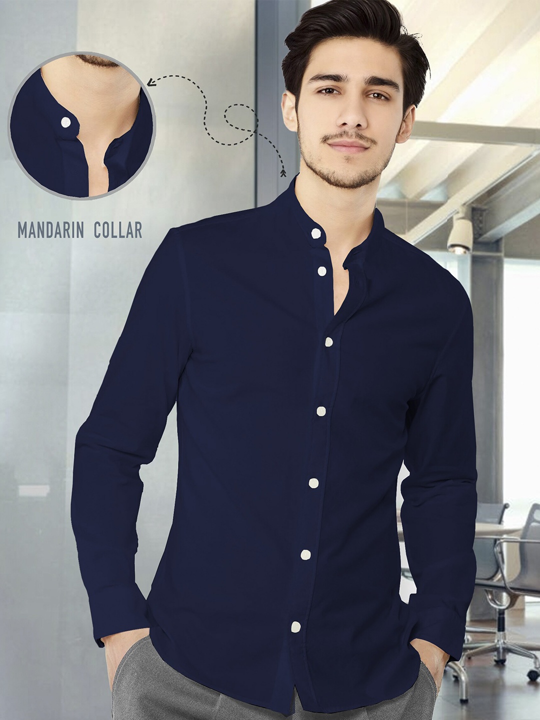 

TRIPR Mandarin Collar Casual Shirt, Navy blue