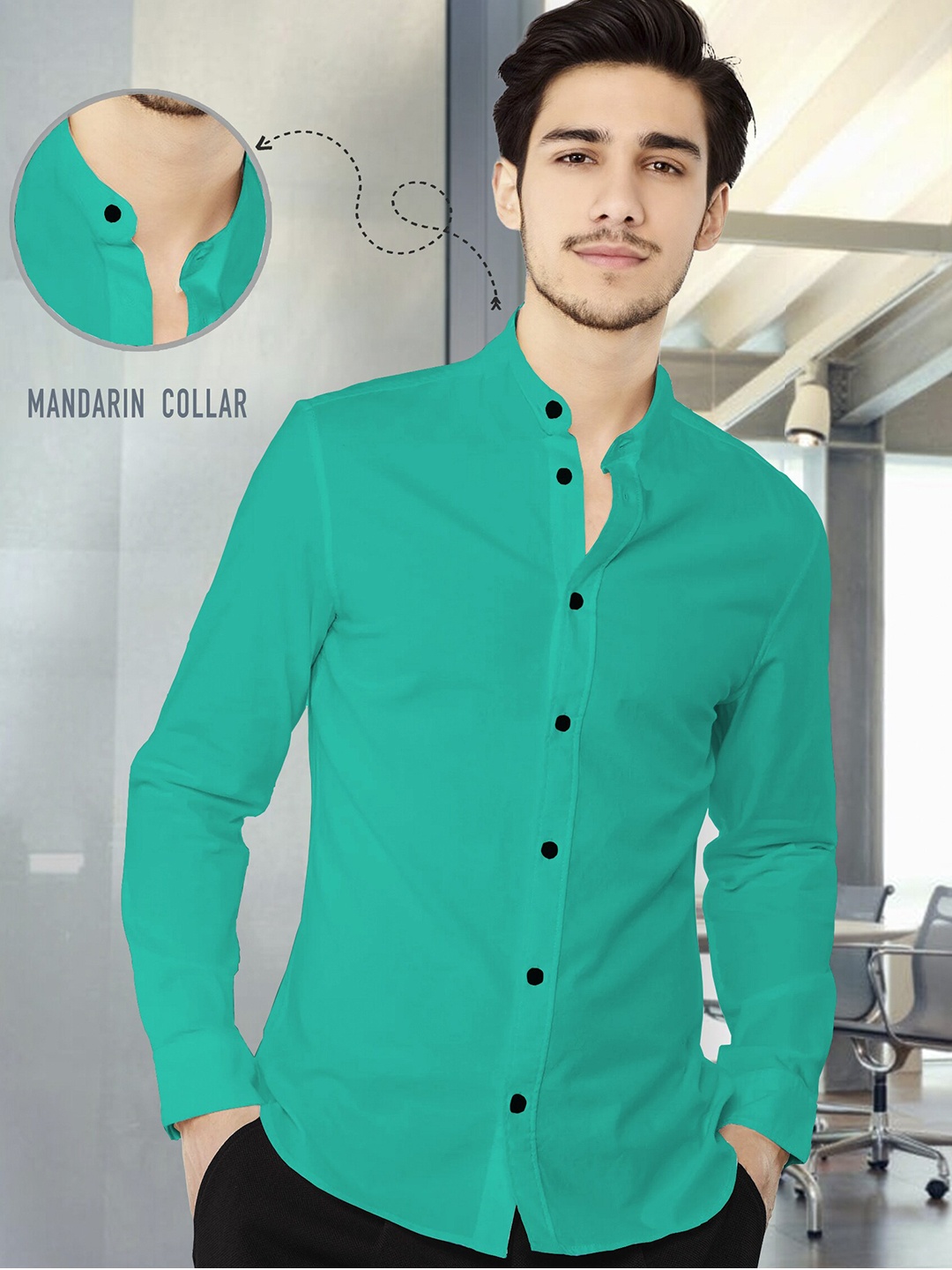 

TRIPR Mandarin Collar Opaque Casual Shirt, Sea green