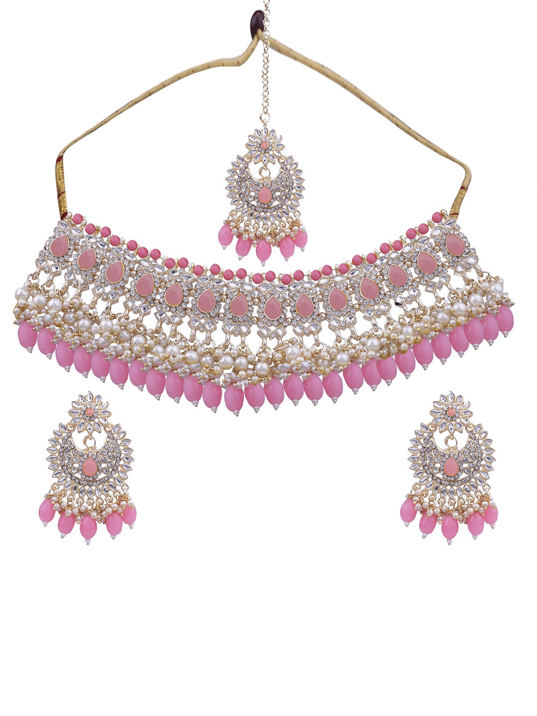 

AASHISH IMITATION Gold-Plated Kundan Studded & Beaded Jewellery Set With Maang Tikka