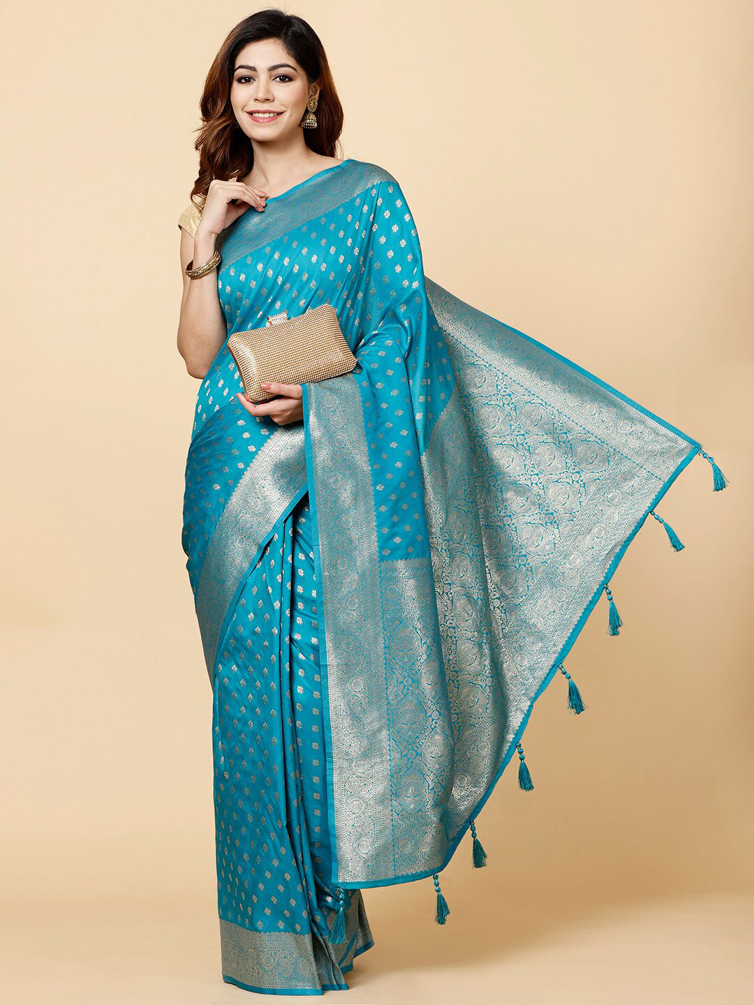 

Meena Bazaar Ethnic Motif Woven Design Zari Saree, Blue