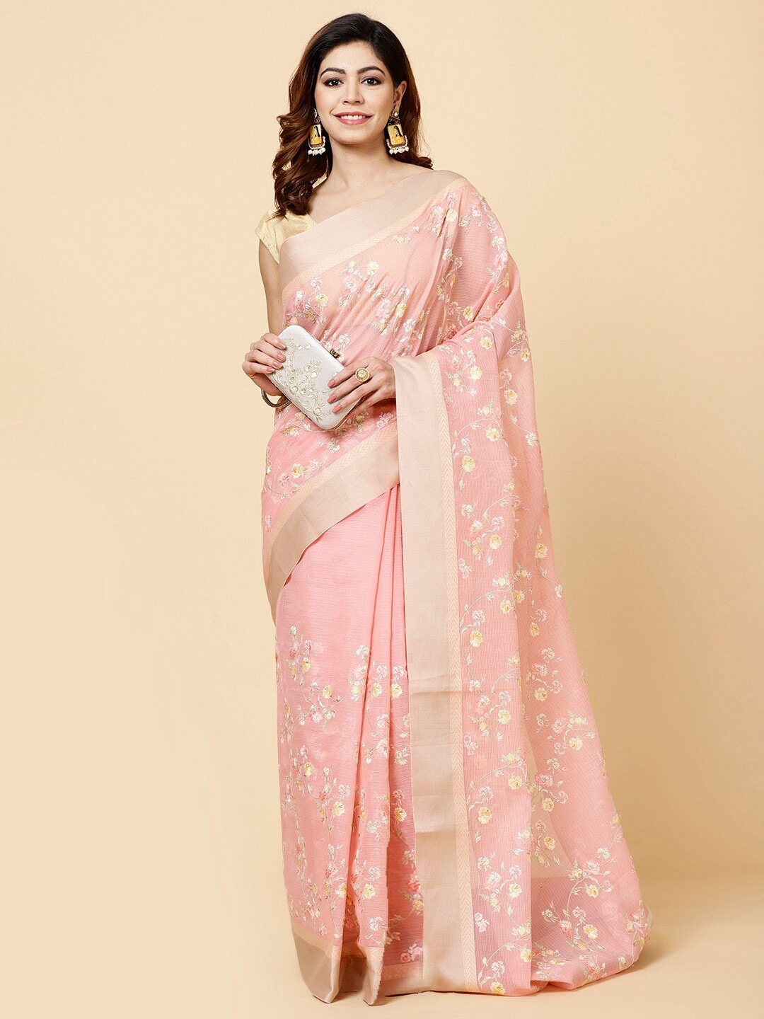 

Meena Bazaar Floral Embroidered Zari Saree, Pink