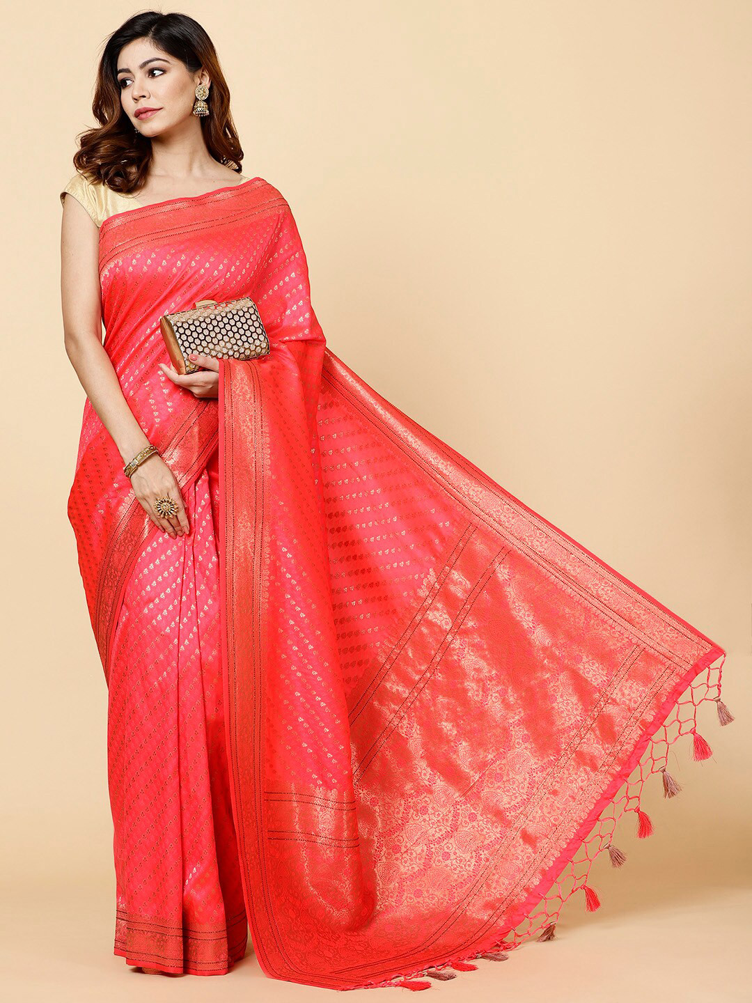 

Meena Bazaar Ethnic Motif Woven Design Zari Saree, Pink