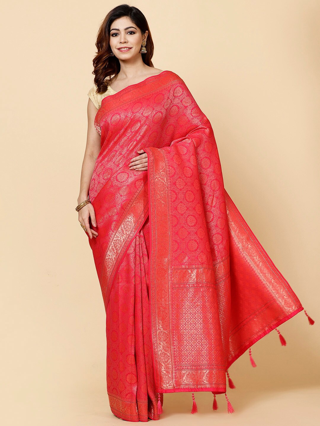 

Meena Bazaar Ethnic Motif Woven Design Zari Saree, Pink