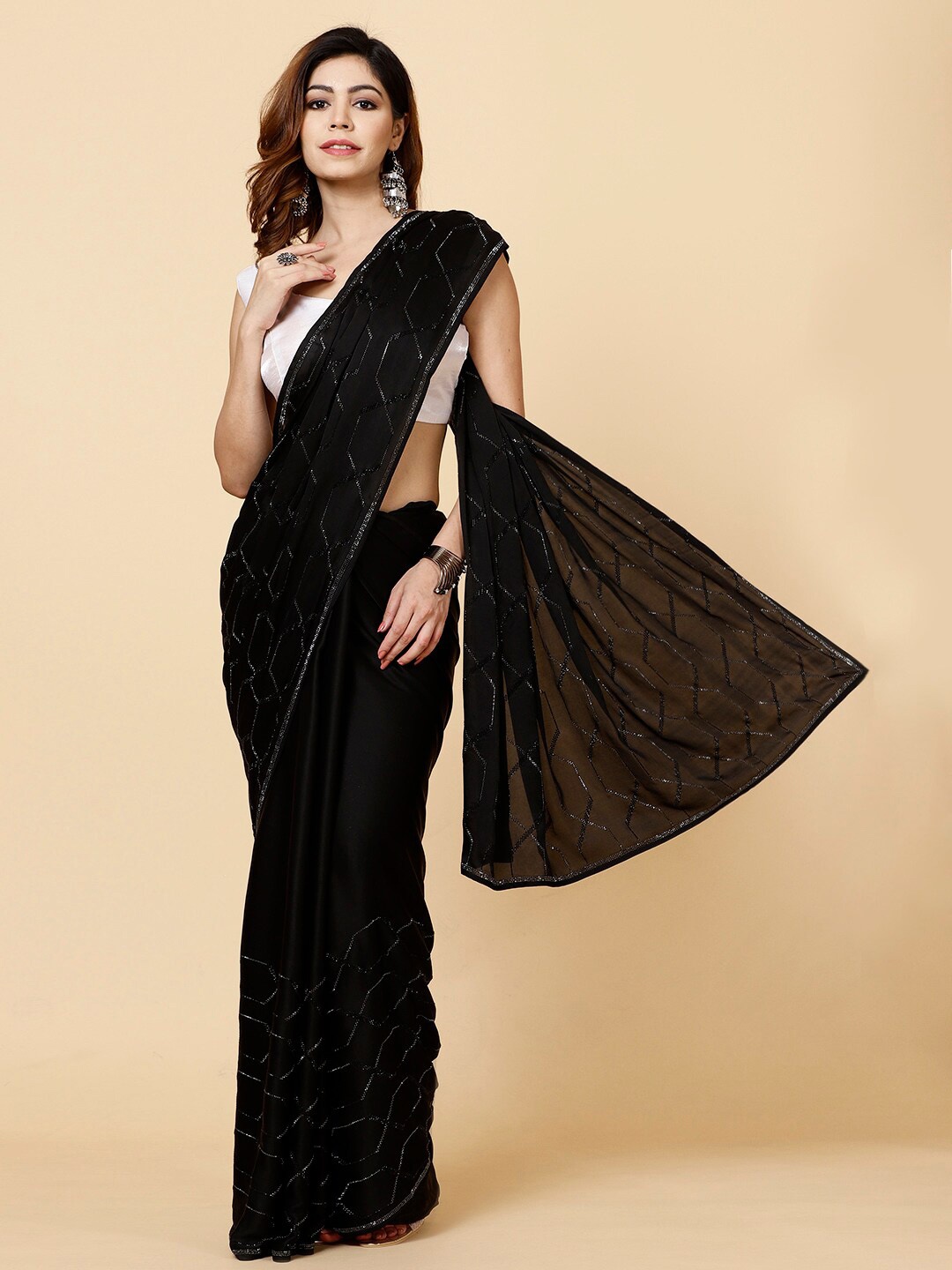 

Meena Bazaar Beads and Stones Satin Saree, Black