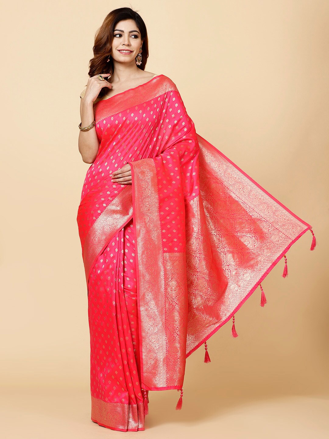 

Meena Bazaar Ethnic Motif Woven Design Zari Saree, Pink