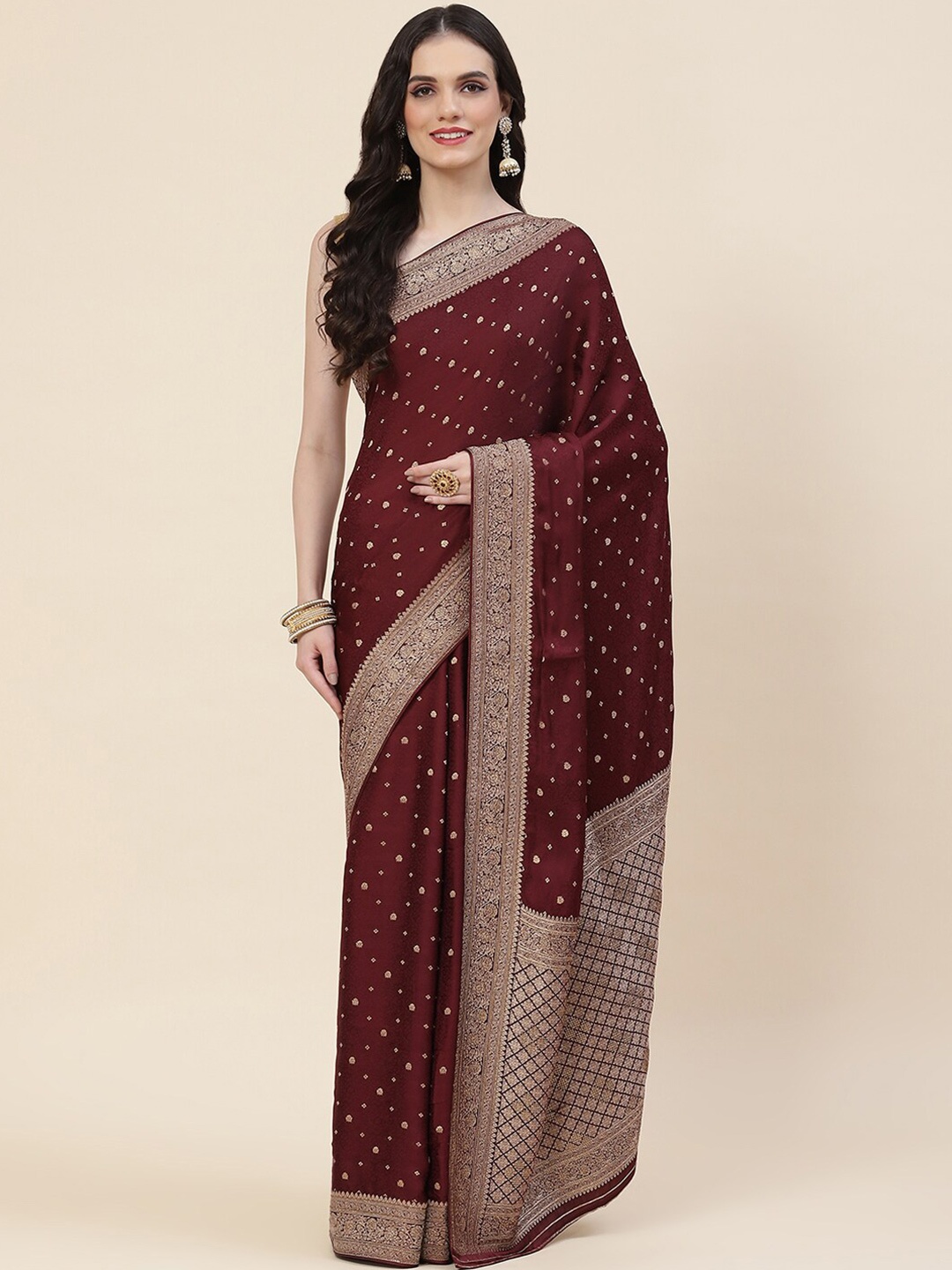 

Meena Bazaar Ethnic Motif Woven Design Zari Satin Saree, Burgundy