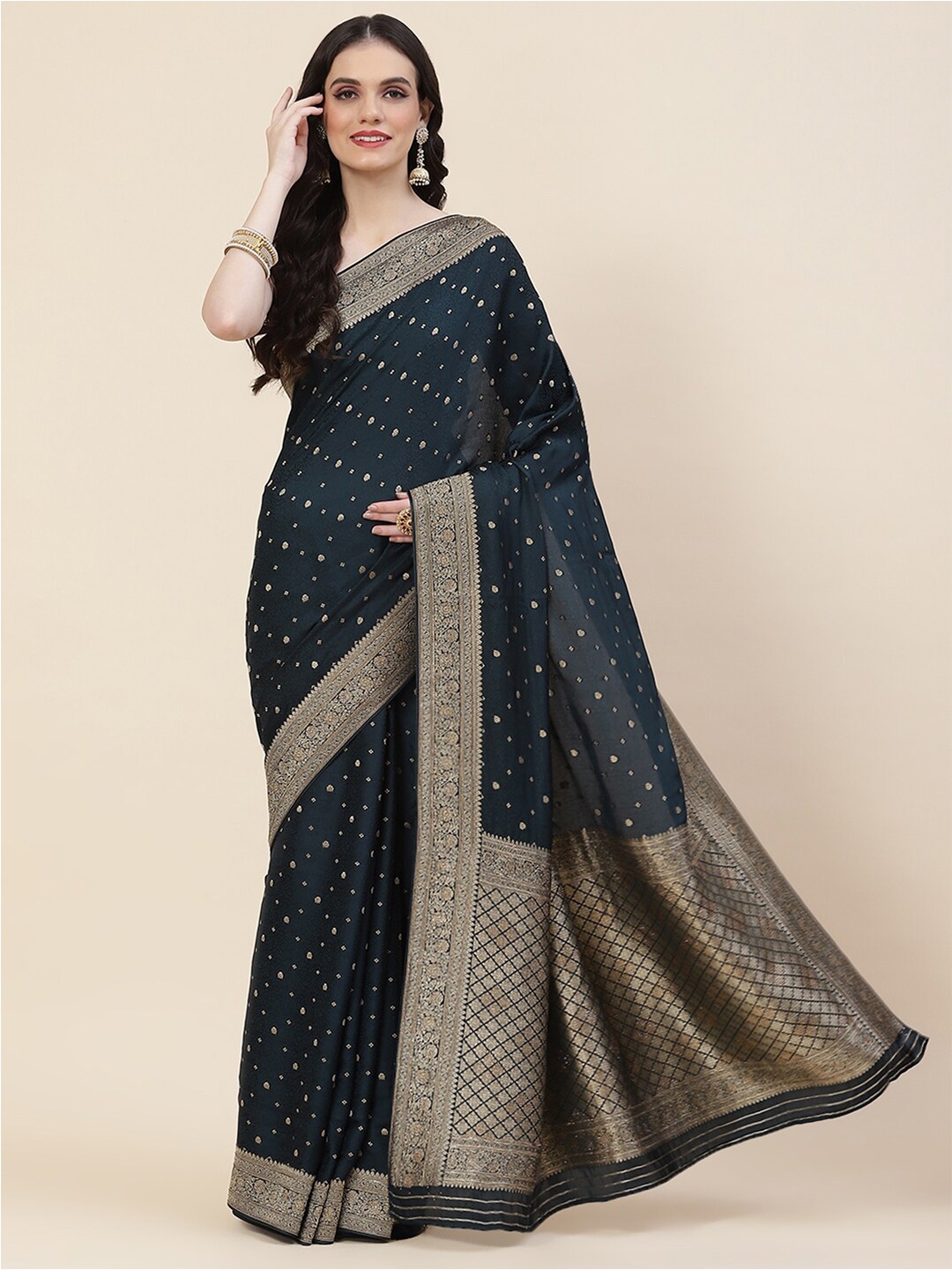 

Meena Bazaar Ethnic Motif Woven Design Zari Saree, Blue