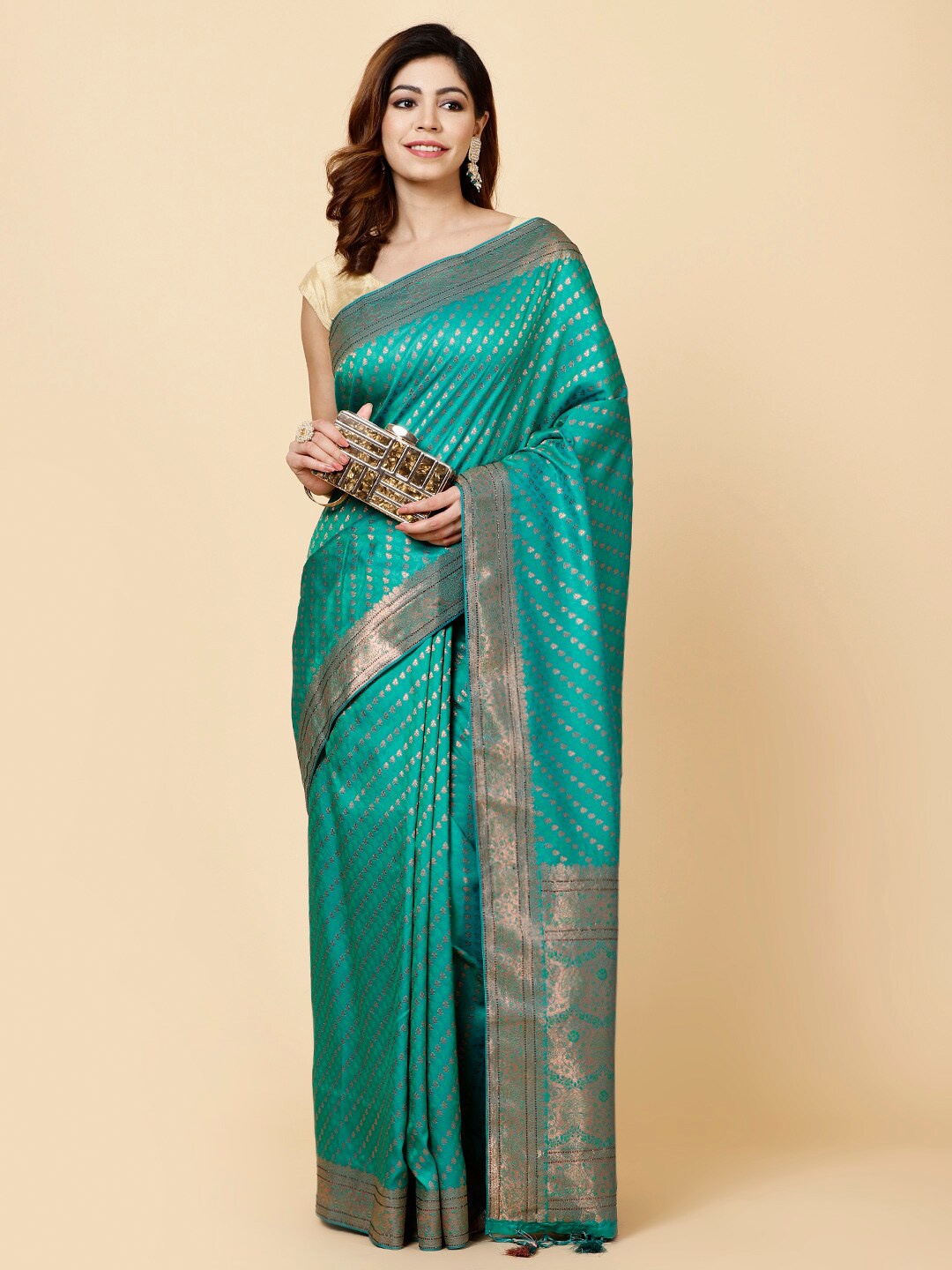 

Meena Bazaar Ethnic Motif Woven Design Zari Saree, Green