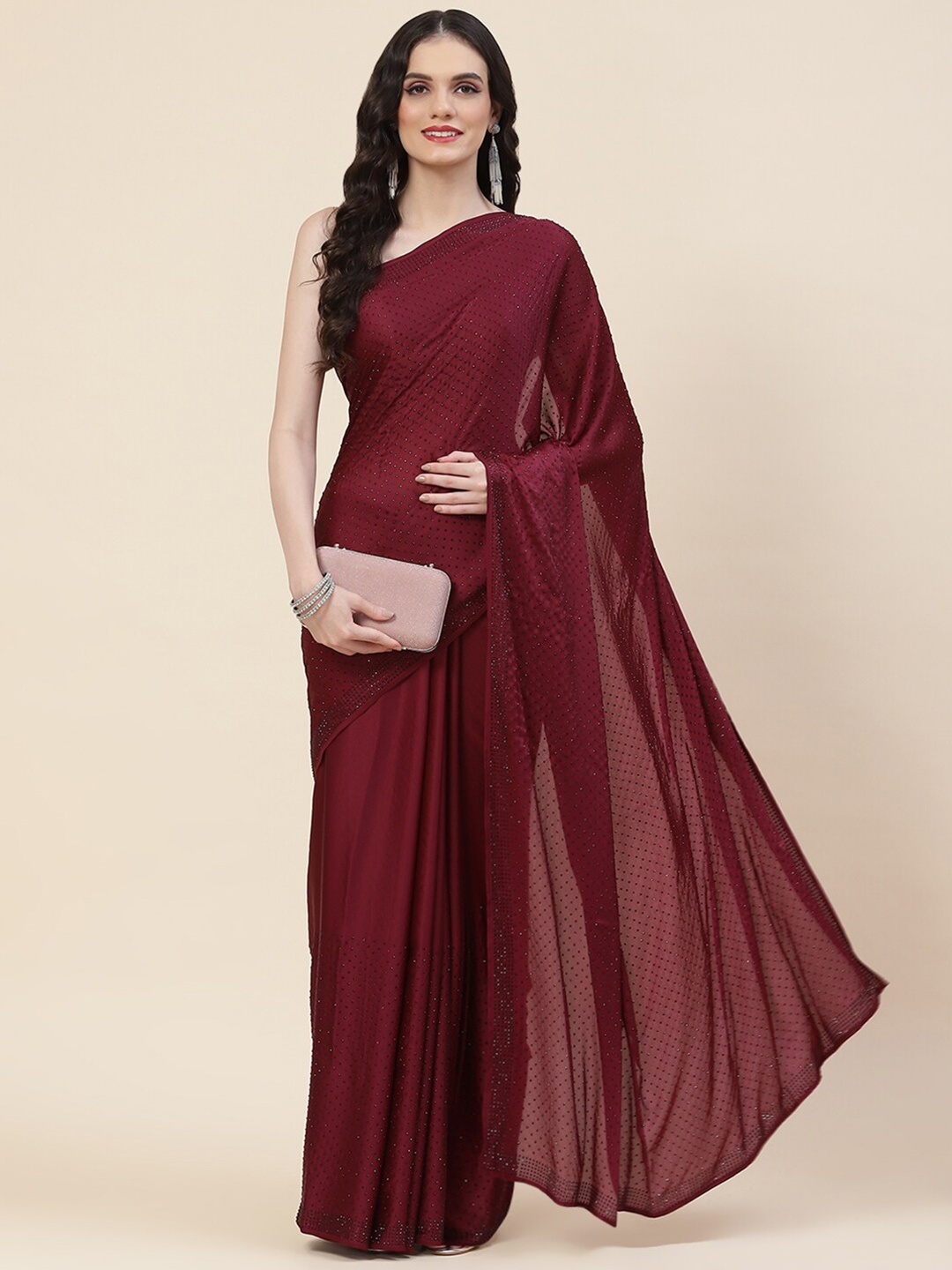 

Meena Bazaar Embellished Beads and Stones Satin Saree, Burgundy