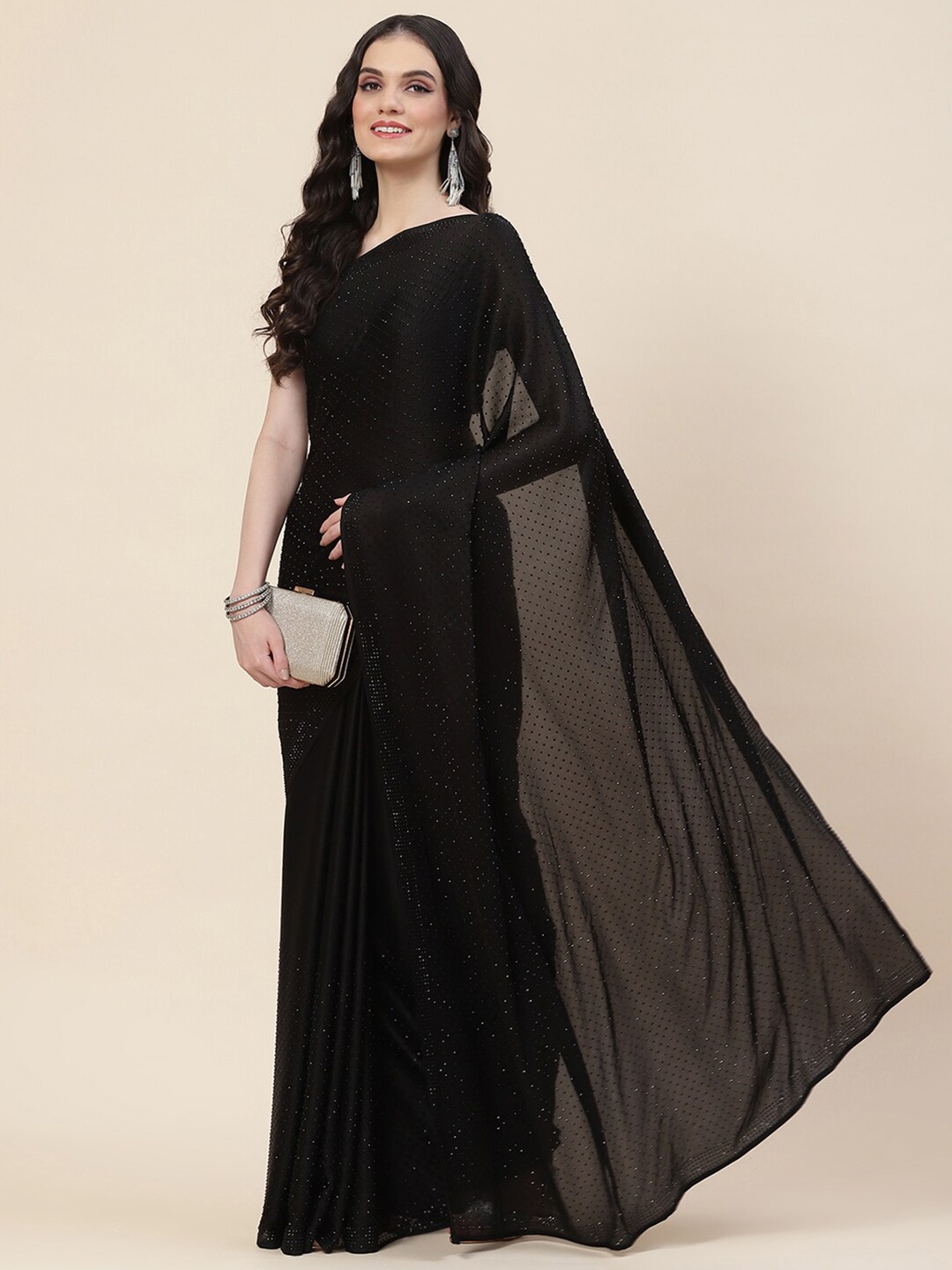 

Meena Bazaar Embellished Embroidered Satin Saree, Black
