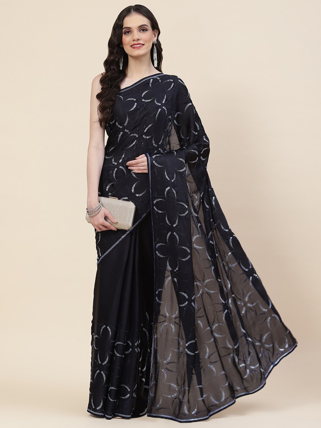 

Meena Bazaar Embellished Beads and Stones Satin Saree, Navy blue