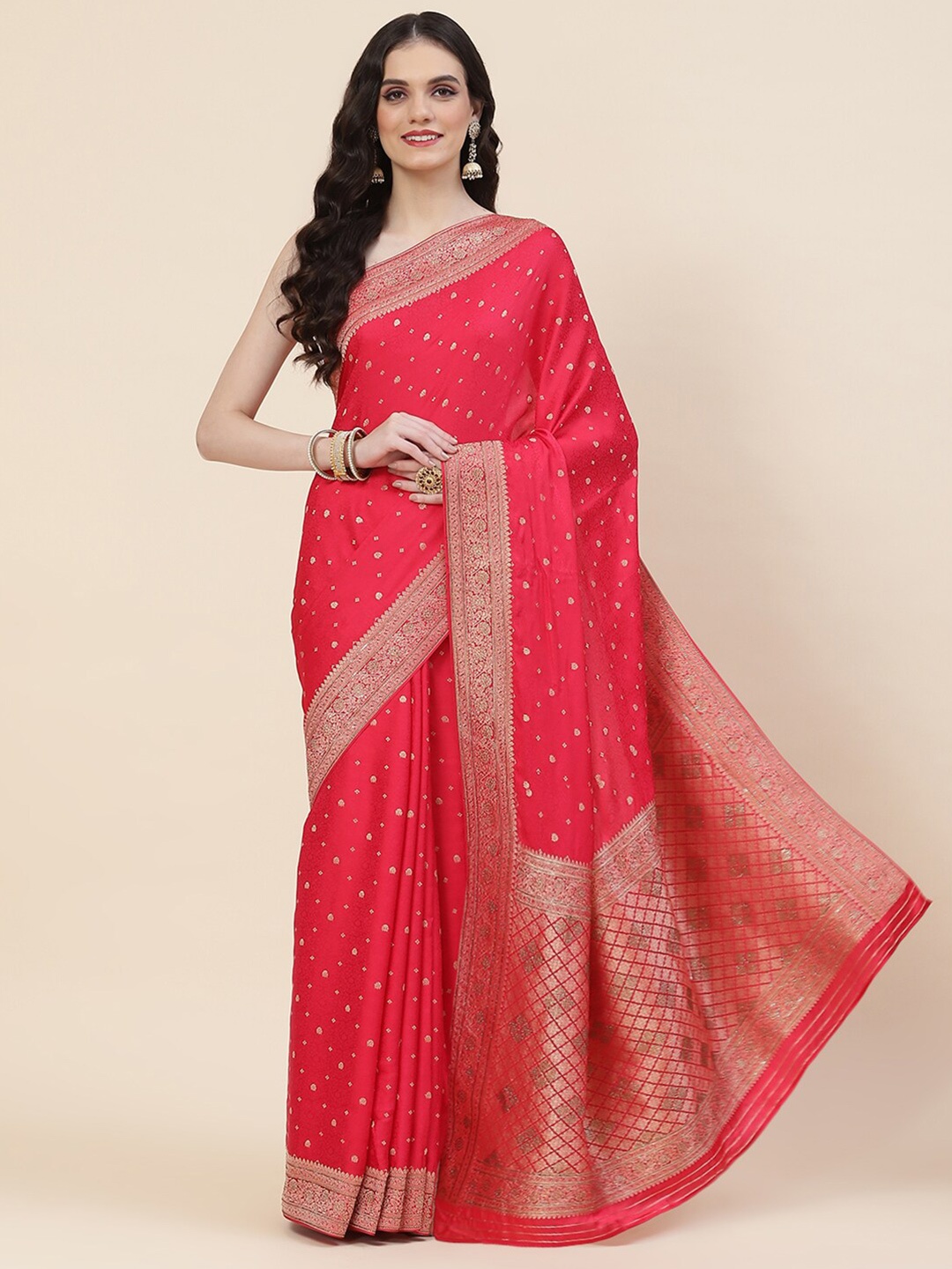 

Meena Bazaar Woven Design Zardozi Satin Saree, Pink