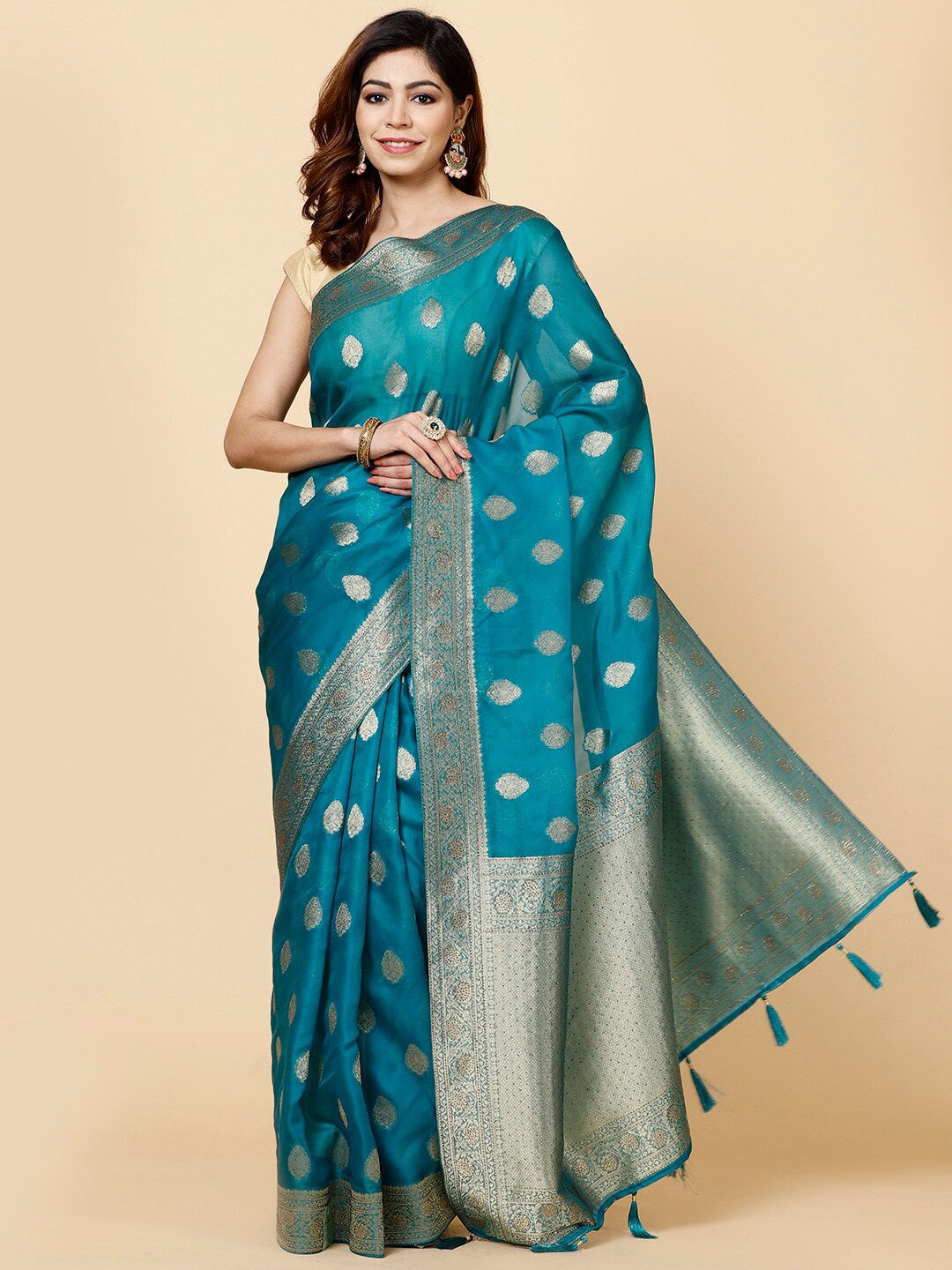 

Meena Bazaar Ethnic Motif Woven Design Zari Organza Saree, Blue