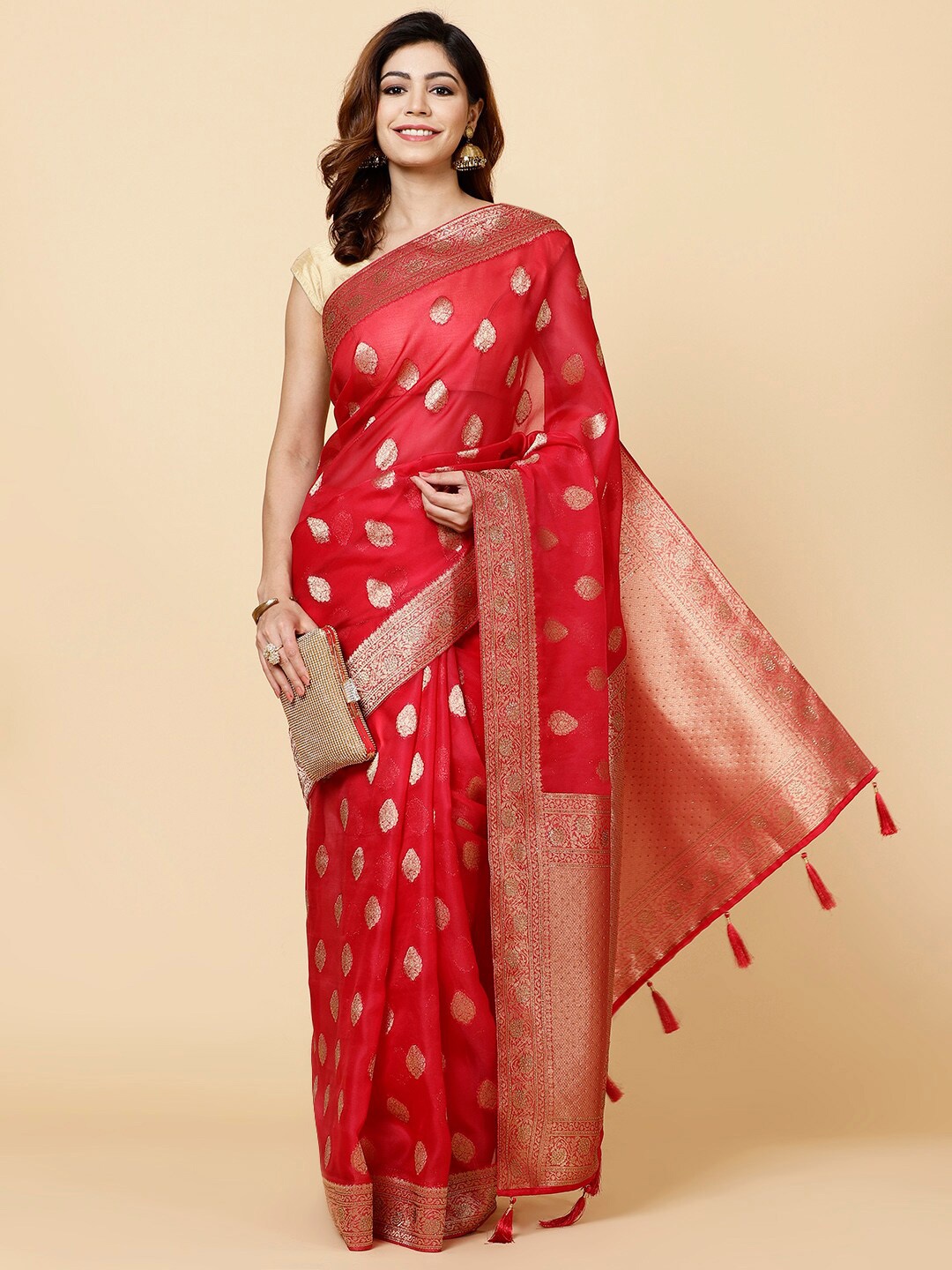 

Meena Bazaar Ethnic Motif Woven Design Zari Organza Saree, Magenta