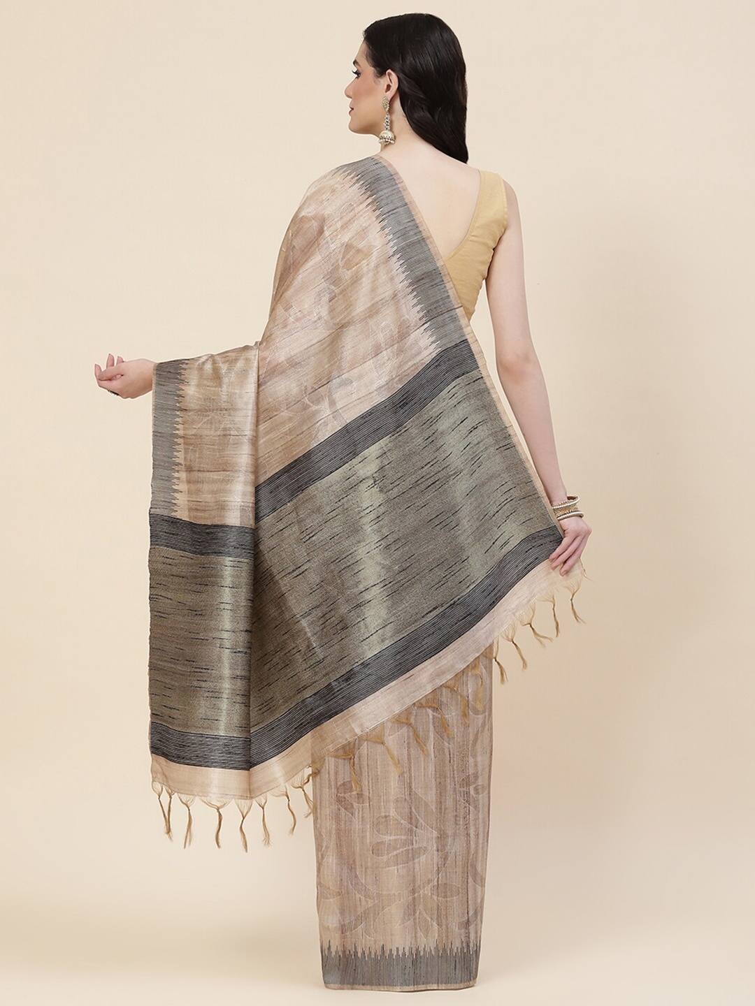 

Meena Bazaar Floral Woven Design Tussar Saree, Beige