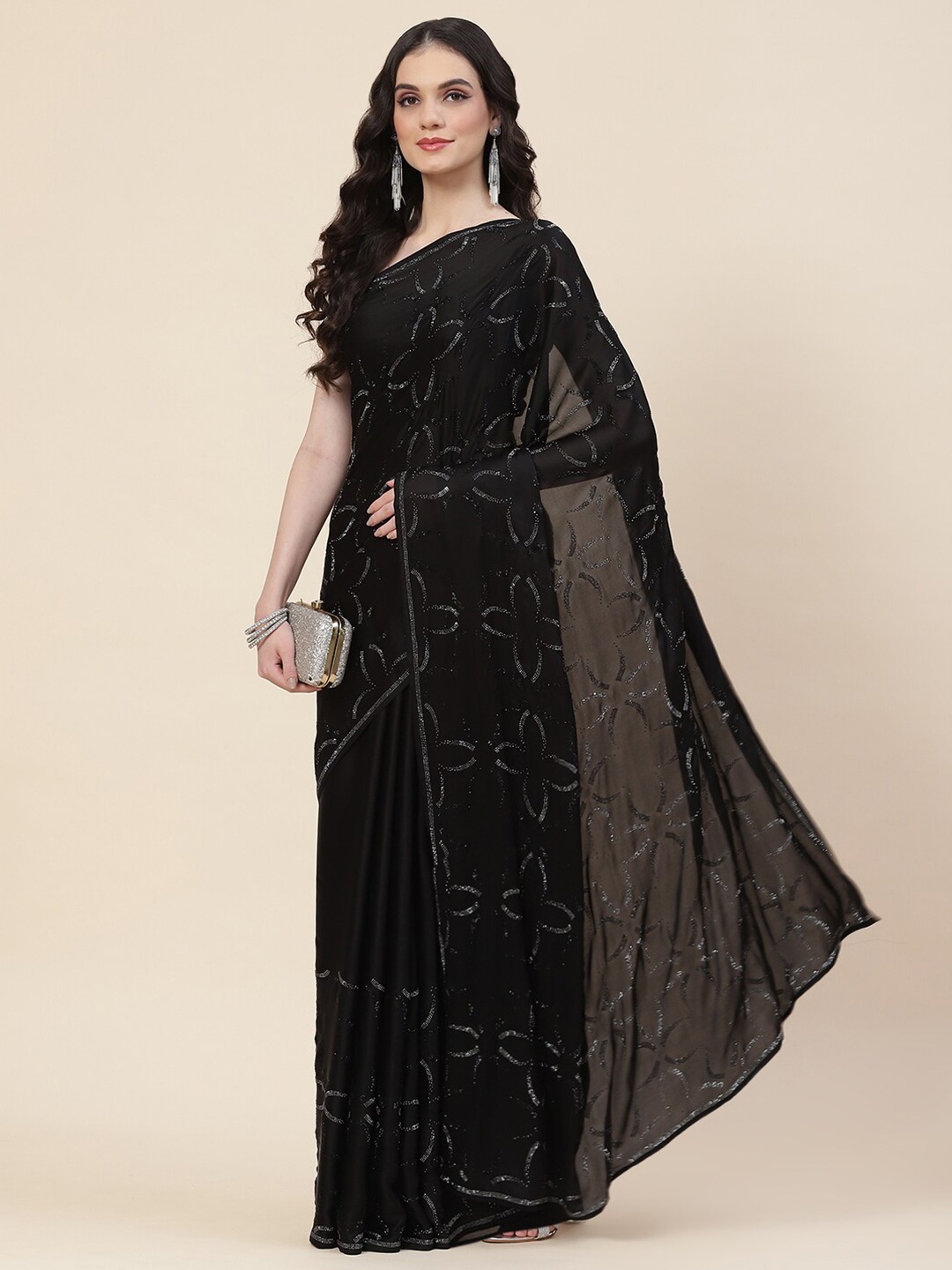 

Meena Bazaar Embellished Beads and Stones Satin Saree, Black