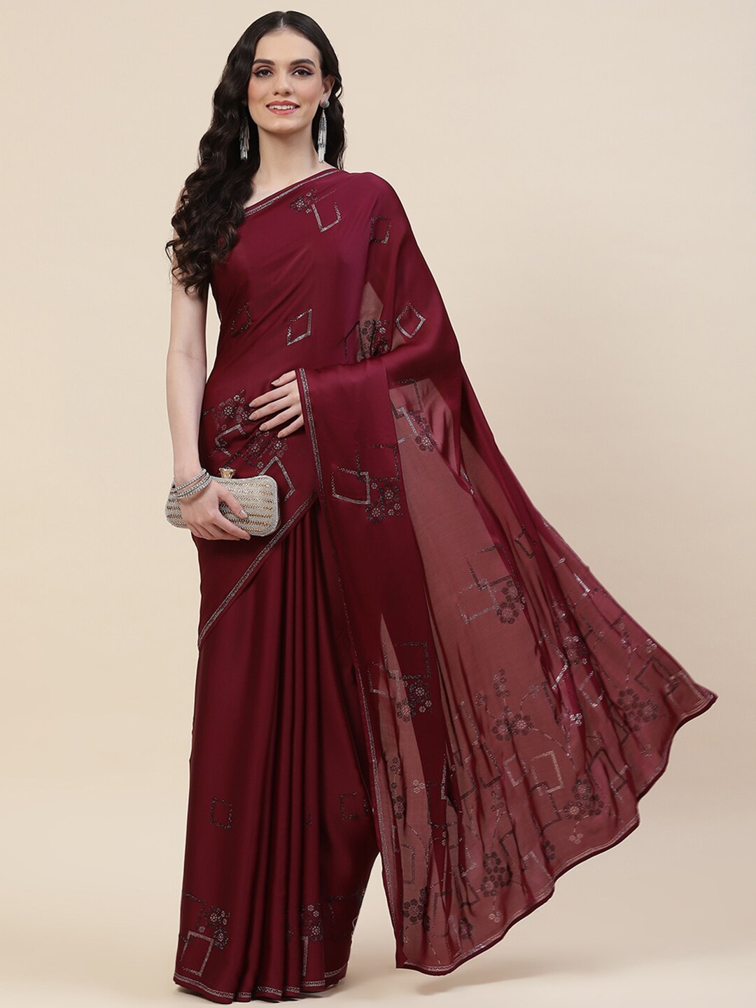 

Meena Bazaar Embellished Beads and Stones Satin Saree, Burgundy