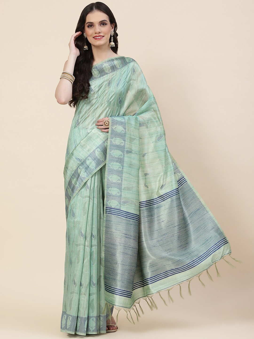 

Meena Bazaar Woven Design Art Silk Tussar Saree, Sea green