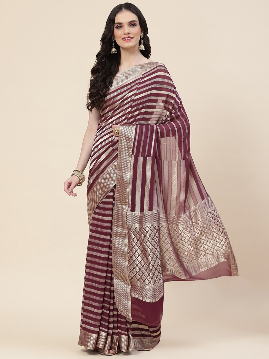 

Meena Bazaar Woven Design Zari Poly Georgette Saree, Burgundy