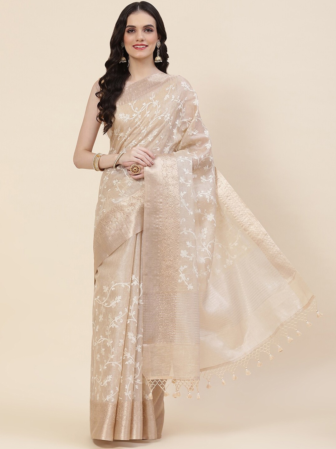 

Meena Bazaar Floral Woven Design Zari Saree, Beige