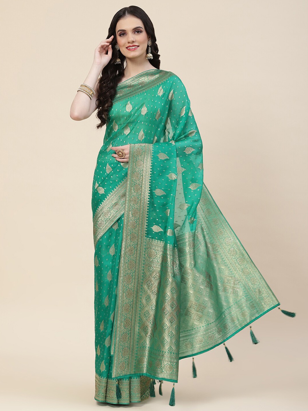 

Meena Bazaar Ethnic Motif Woven Design Zari Organza Saree, Green