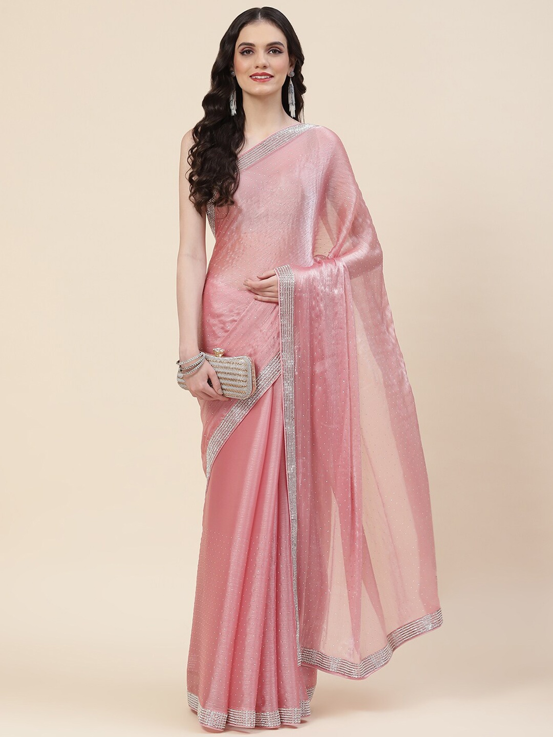 

Meena Bazaar Embellished Beads and Stones Saree, Pink