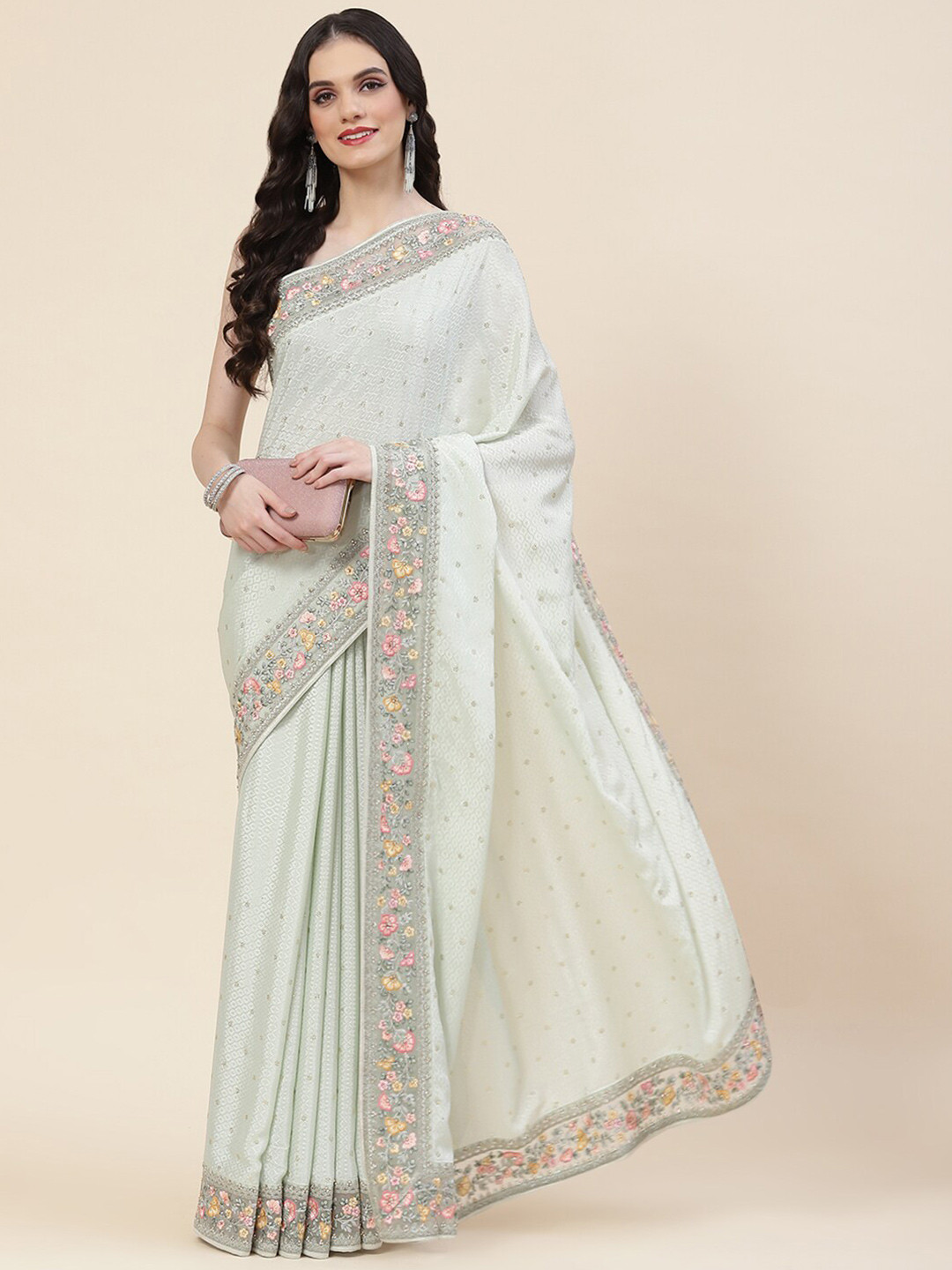 

Meena Bazaar Floral Embellished Beads And Stones Saree, Green