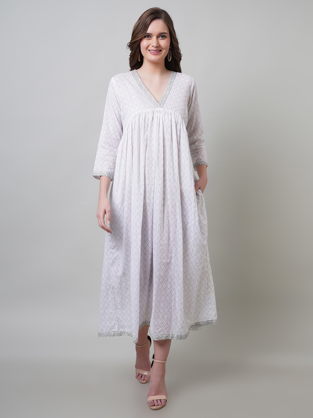 

NAVIYATA Ethnic Printed Empire Cotton A-Line Ethnic Dress, White