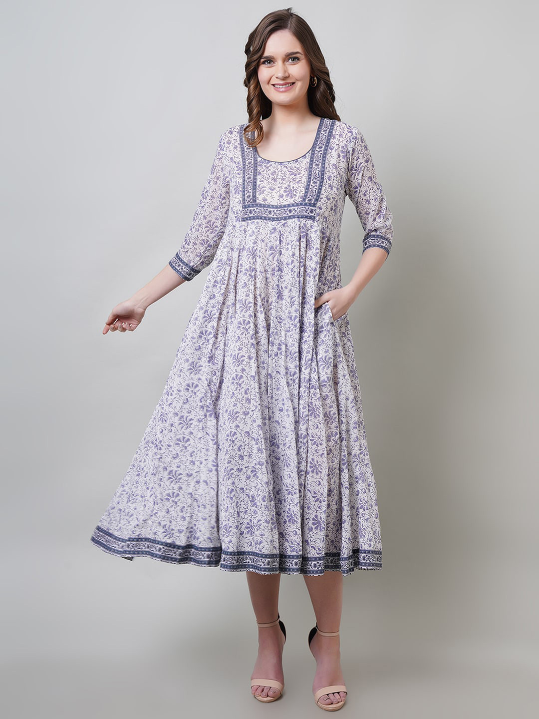 

NAVIYATA Floral Printed Empire Midi Ethnic Dress, White