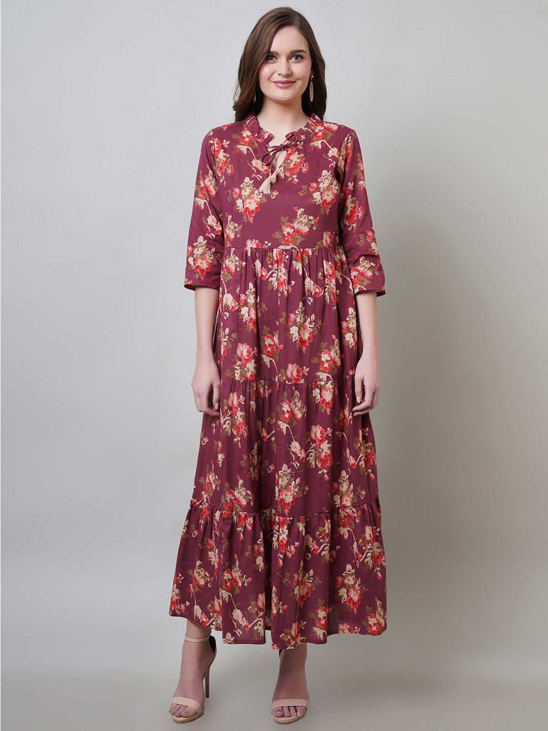 

NAVIYATA Floral Print Tiered Surface Maxi Ethnic Dress, Maroon