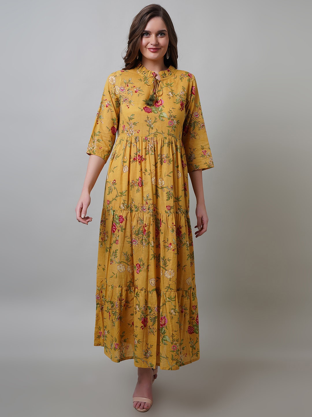 

NAVIYATA Floral Print Cotton Tie-up Neck Maxi Dress, Yellow