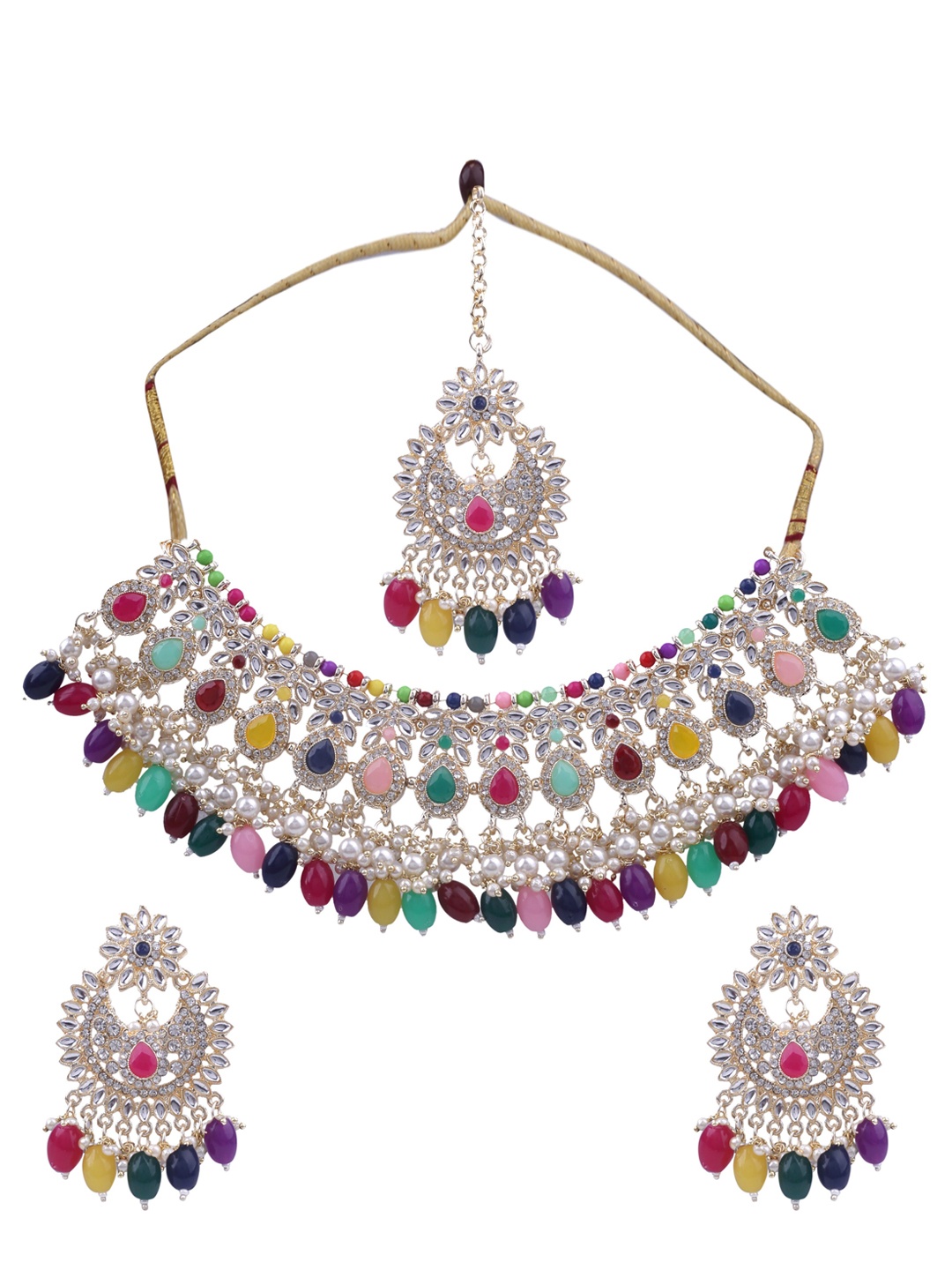 

AASHISH IMITATION Gold-Plated Kundan Studded & Beaded Jewellery Set With Maang Tikka