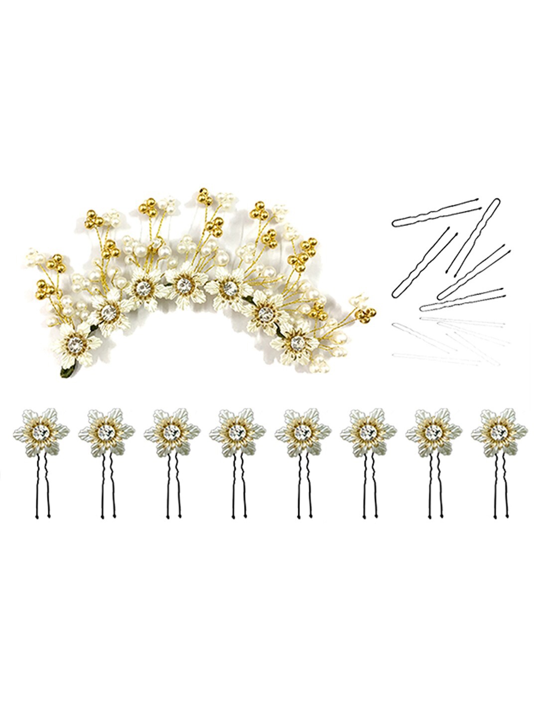 

Hair Flare Set Of 8 Floral Embellished U Pins, Gold